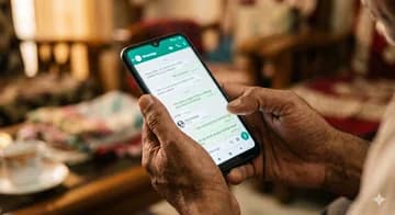 Farmer's hands holding an Android phone with WhatsApp open